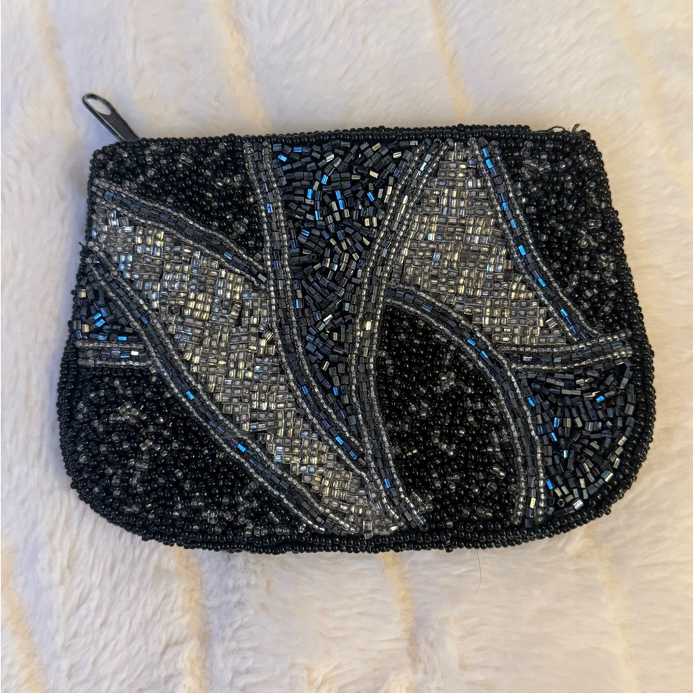 Vintage Black & Silver Beaded Small Pouch